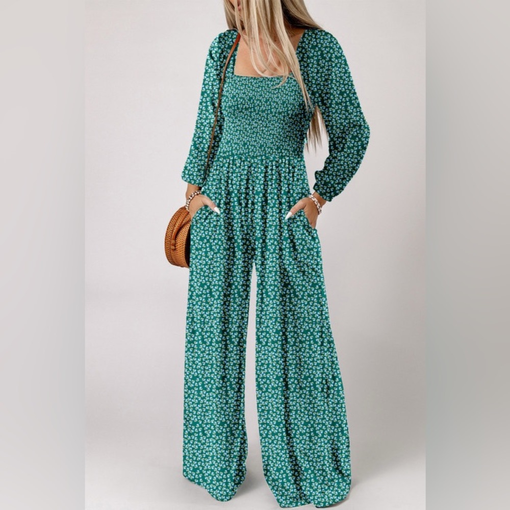 Boho Green Floral Jumpsuit — Wide Leg, Square Neck - Picture 2 of 6